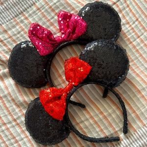 Set of Mickey Mouse ears, pink and red Minnie Bow. Black Sparkle